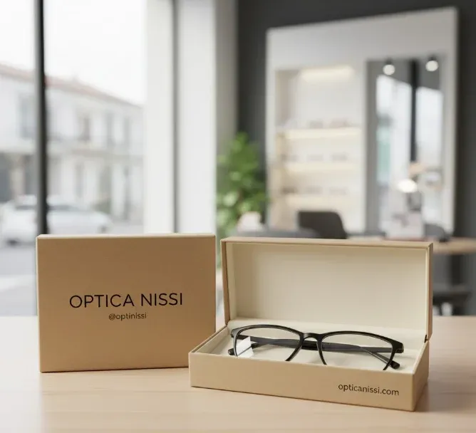 Interior de la óptica con exhibidores de gafas